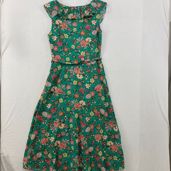New LOFT size 6 Green Colorful Floral Feminine Belted Romantic Midi Dress - Picture 11 of 12